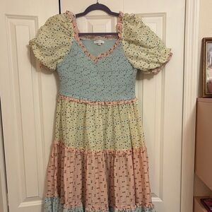 Ivy City Co Emily Patchwork Smocked Shirred Puff Sleeve Tiered Midi Dress